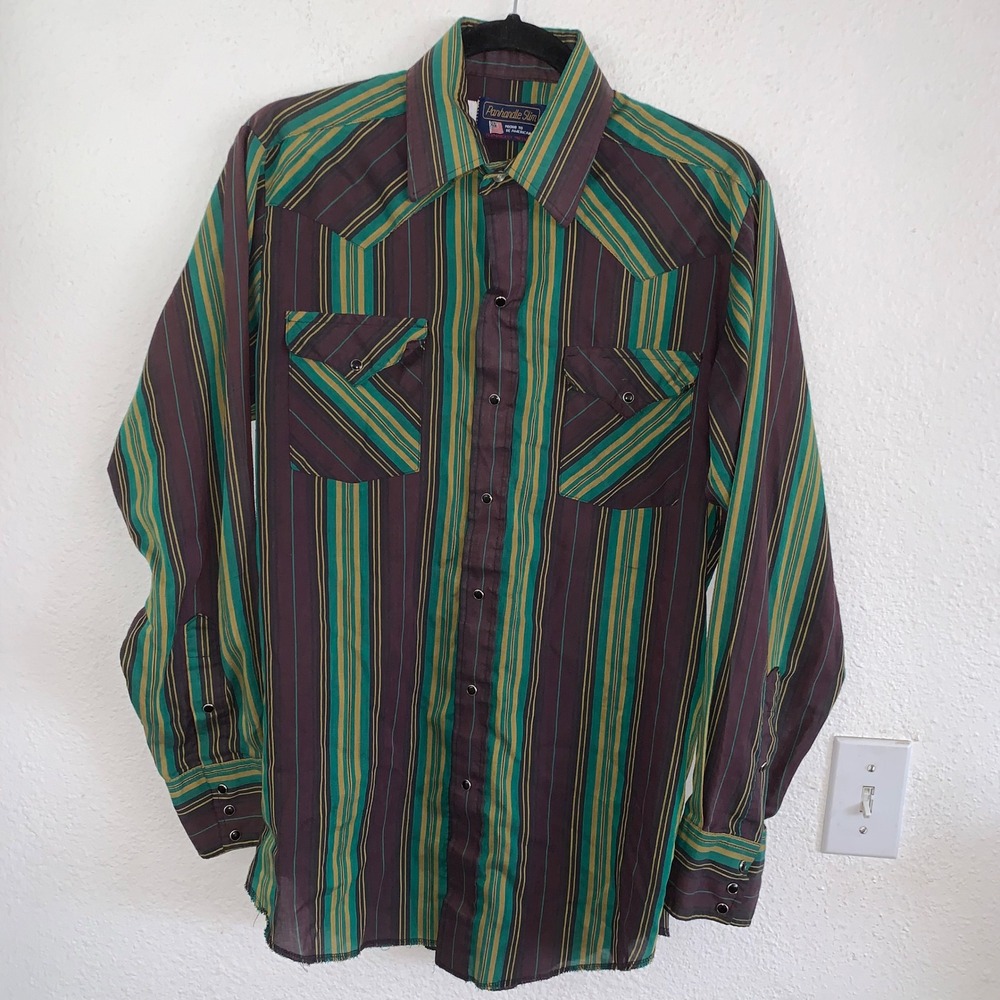 Panhandle Slim Mens Western Snap Shirt Purple Green Gold Stripe Made in USA 15.5